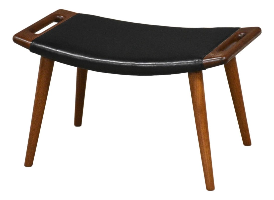 Teak Ottoman by Hans J. Wegner for AP Stolen Black Leather Denmark 1960s (1 of 7)