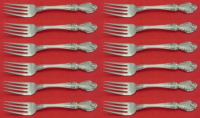 Gorham Melrose Sterling Silver Salad Forks Set 12 Pieces: Gorham Melrose Sterling Silver Salad Forks Set 12 Pieces Elevate your dining experience with the Melrose by Gorham Sterling Silver Salad Fork Set. This exquisite 12-piece set features forks measuring