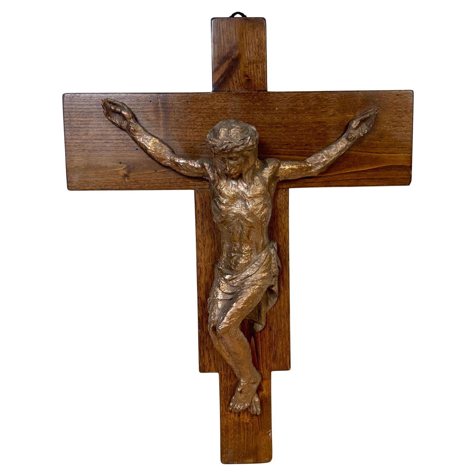 Mid-Century Modernist Cast Bronze Crucifix on Walnut Cross: Mid-Century Modernist Cast Bronze Crucifix on Walnut Cross This striking Modernist crucifix combines the spiritual and the artistic, featuring a cast bronze corpus of Christ mounted on a stepped walnu