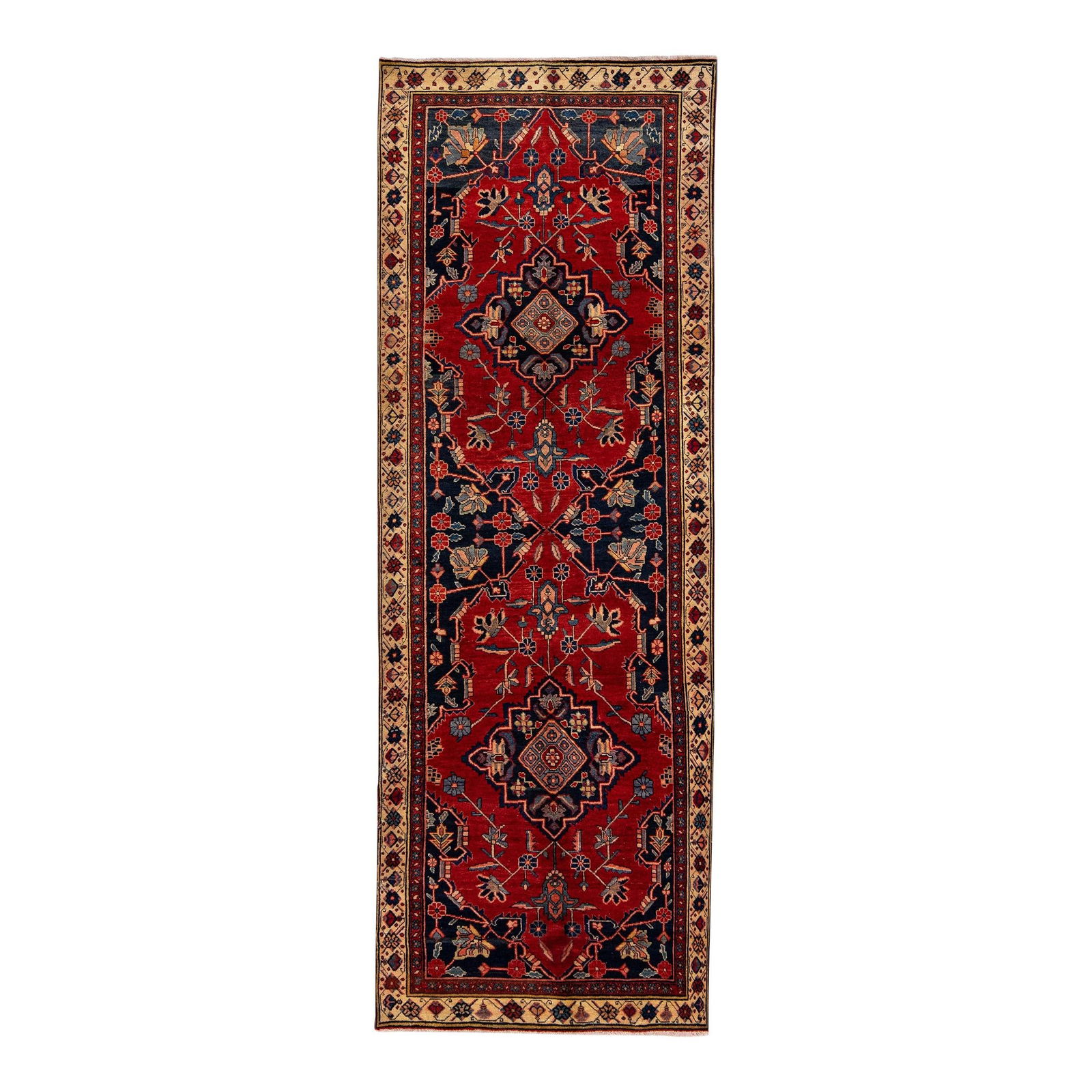 1960s Persian Heriz Handmade Wool Runner 3'4 x 9'11 Navy Blue: 1960s Persian Heriz Handmade Wool Runner 3'4 x 9'11 Navy Blue This exquisite vintage Persian Heriz runner showcases a stunning hand-knotted wool construction, featuring a rich navy blue color field ad