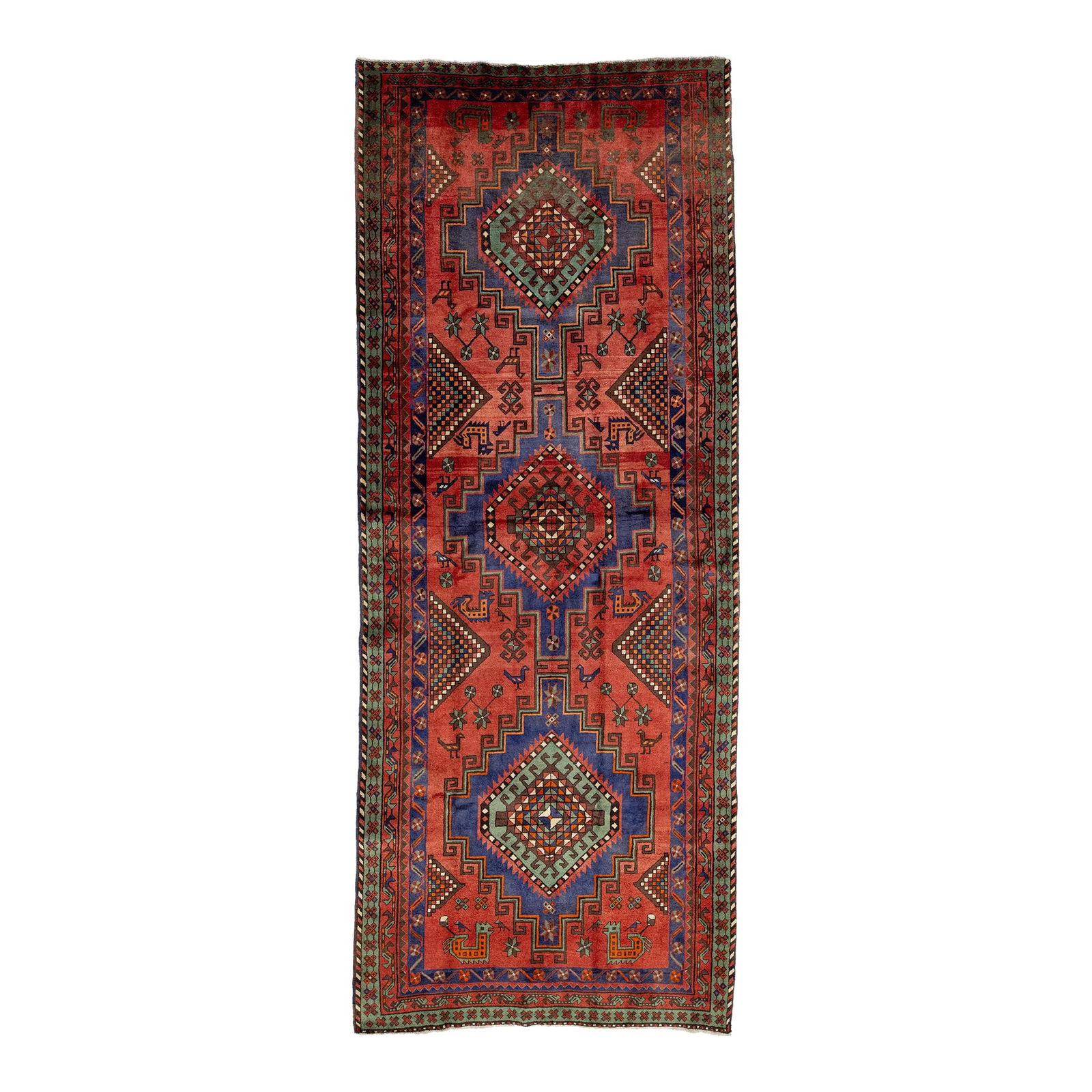 Vintage Persian Heriz Wool Rug Red Geometric Design 5' x 12'8'': Vintage Persian Heriz Wool Rug Red Geometric Design 5' x 12'8'' This stunning 20th-century Persian Heriz handmade wool rug features a vibrant red field beautifully complemented by navy blue accents th