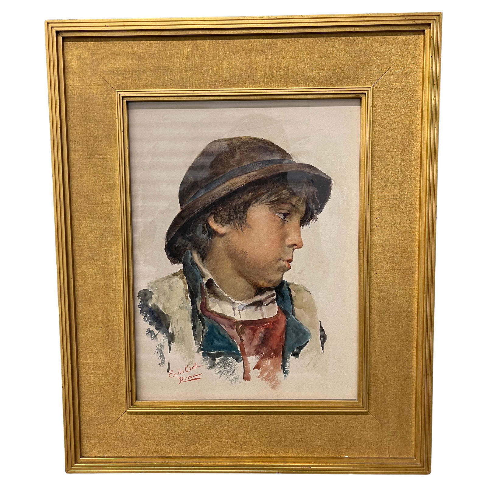 Erulo Eroli Watercolor Portrait of Boy Signed Giltwood Frame Italian Art 1900: Erulo Eroli Watercolor Portrait of Boy Signed Giltwood Frame Italian Art 1900 Presenting a stunning watercolor portrait of a young boy by Erulo Eroli, an Italian artist renowned for his expressive wor