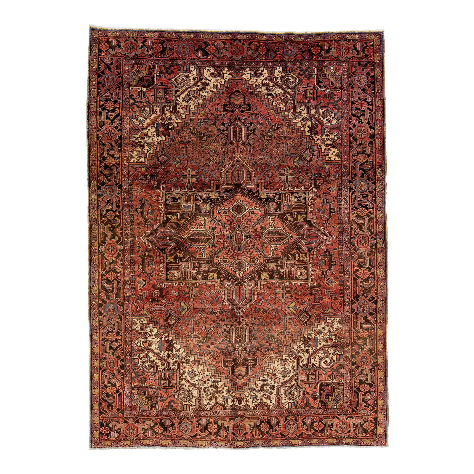 1960s Handmade Red Heriz Wool Rug with Floral Medallion 8'1" x 11'2": 1960s Handmade Red Heriz Wool Rug with Floral Medallion 8'1" x 11'2" This stunning vintage Heriz rug showcases a beautifully hand-knotted wool construction with a rich red-rust color field. Featuring