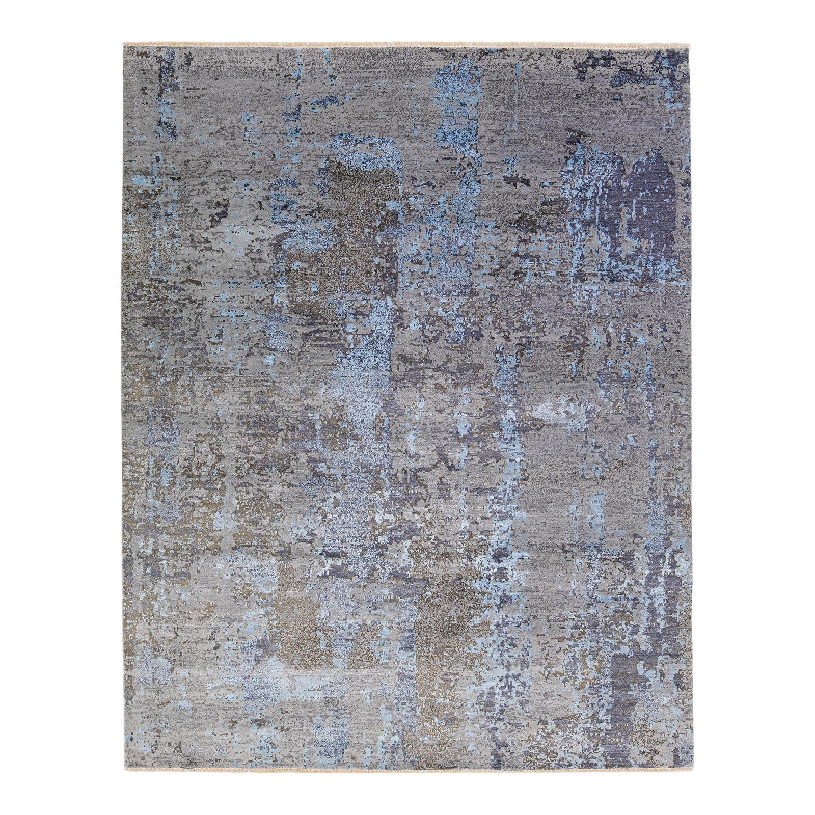 Handmade Gray Wool Silk Rug 8' x 10' Abstract Design: Handmade Gray Wool Silk Rug 8' x 10' Abstract Design This exquisite handmade rug showcases a sophisticated gray wool and silk blend, elegantly adorned with an abstract motif in hues of blue. Crafted i