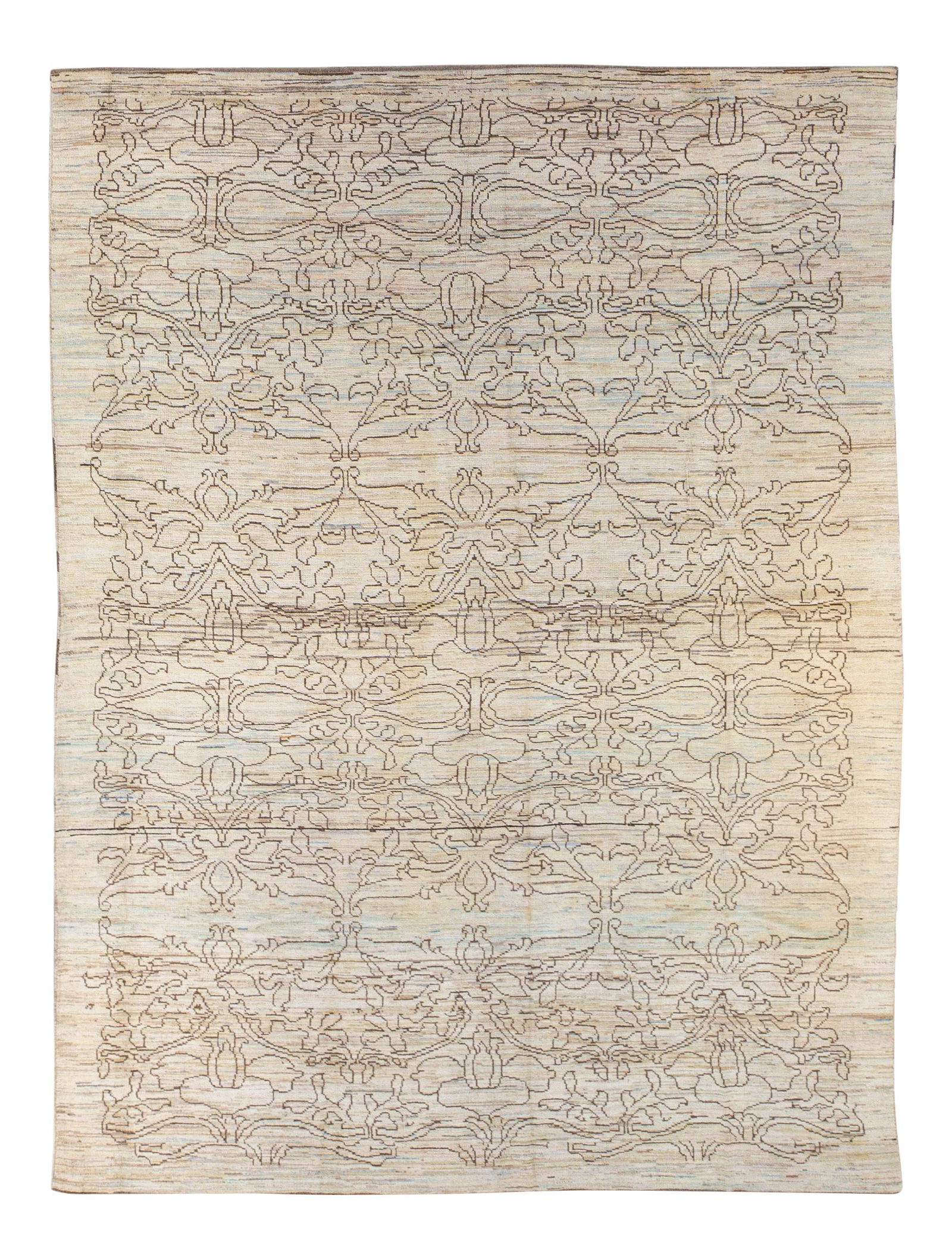 Modern Oushak Hand-Knotted Beige Wool Rug 10'11 x 14'9 Tribal Design: Modern Oushak Hand-Knotted Beige Wool Rug 10'11 x 14'9 Tribal Design Enhance your living space with this exquisite Modern Oushak hand-knotted wool rug. Featuring a stunning beige and blue gradient fie