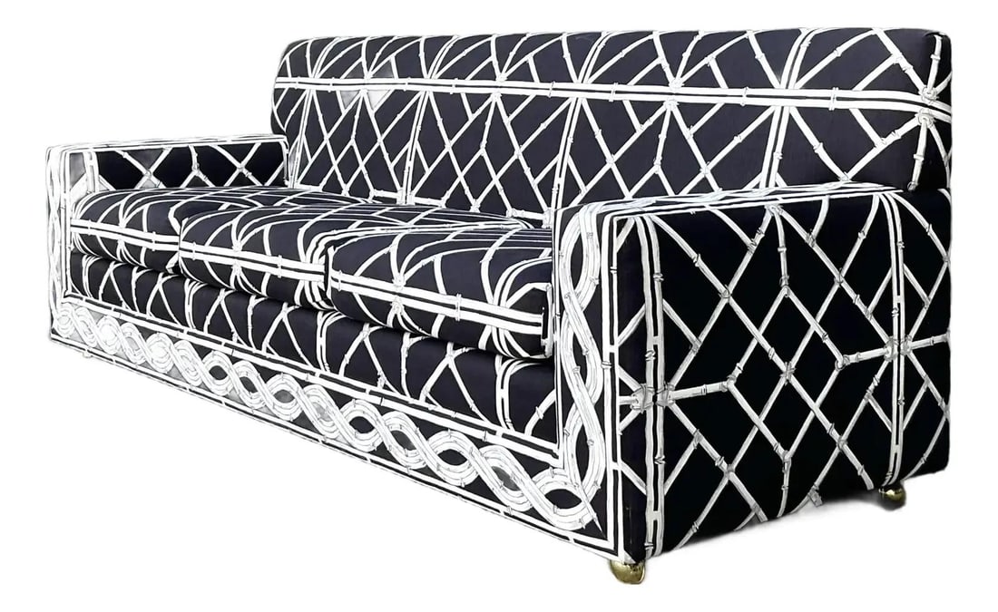 Hollywood Regency Chinoiserie Three-Seat Sofa With Black Geometric Lattice Upholstery (1 of 9)