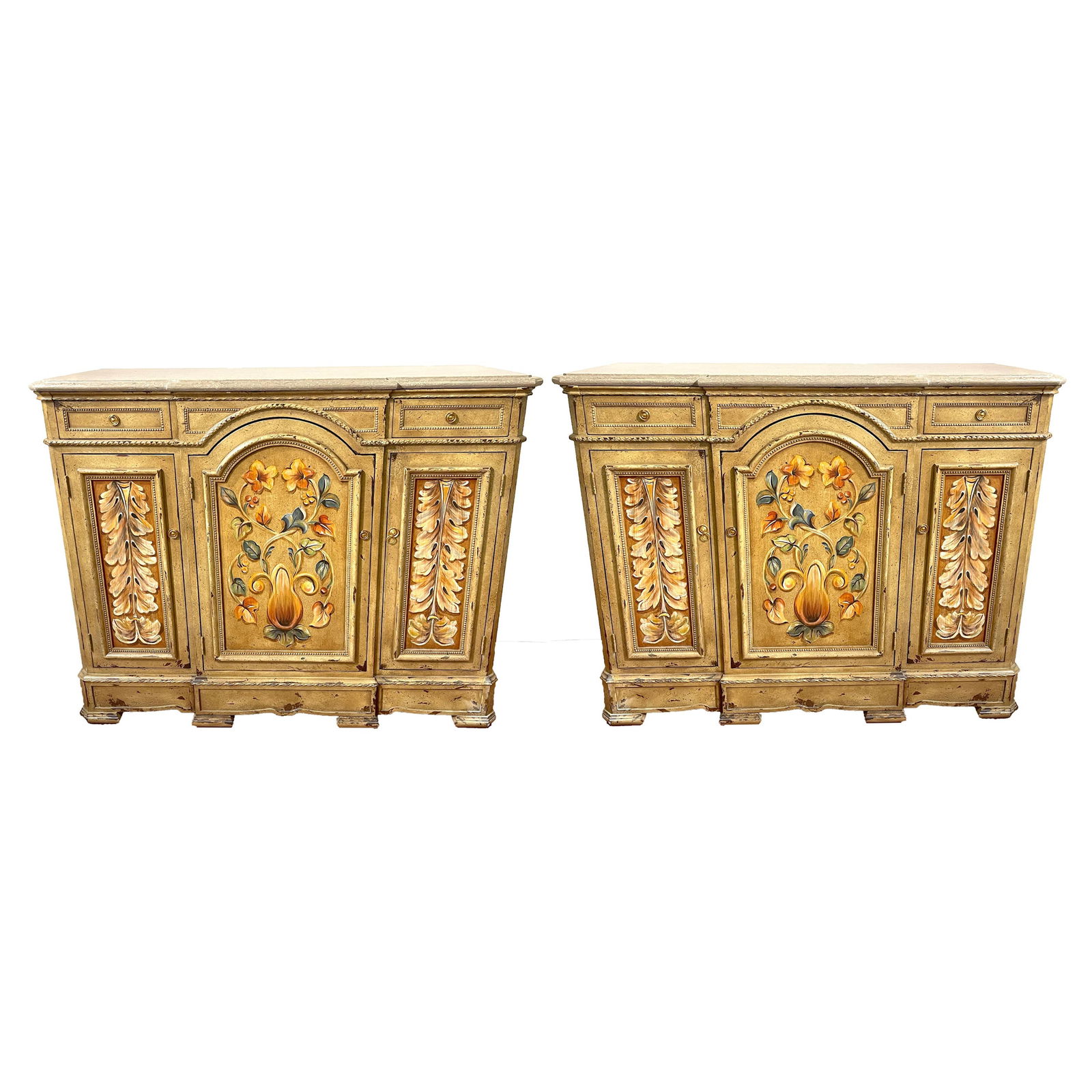 Limited Edition Tuscan Credenzas by Susan Kaiser for Hickory Chair Set of 2: Limited Edition Tuscan Credenzas by Susan Kaiser for Hickory Chair Set of 2 This stunning pair of Tuscan painted and marble top credenzas, designed by Susan Kaiser for Hickory Chair, showcases exquisi