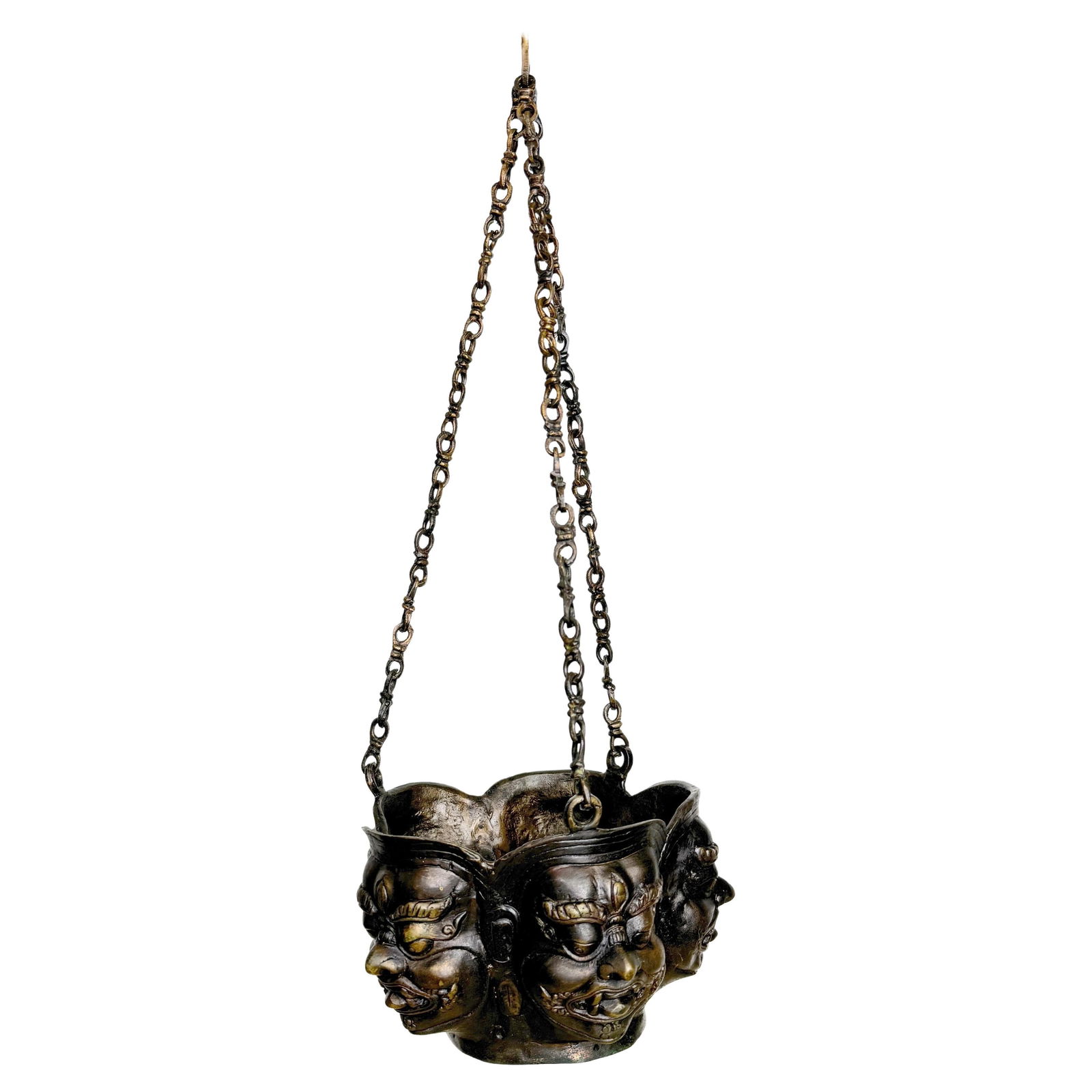 Tibetan Cast Bronze Panchmukhi Shiva Hanging Cachepot 20th Century: Tibetan Cast Bronze Panchmukhi Shiva Hanging Cachepot 20th Century This exquisite Tibetan cast bronze hanging cachepot/planter features a striking Panchmukhi Shiva motif, making it a unique blend of a