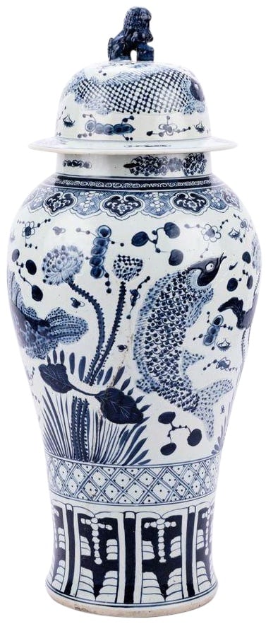 Handmade Extra Large Blue Porcelain Temple Jar with Lion Lid: Handmade Extra Large Blue Porcelain Temple Jar with Lion Lid This Extra Large Temple Jar showcases a stunning blue porcelain finish, embodying the elegant Chinoiserie style. Perfect for adding a touch