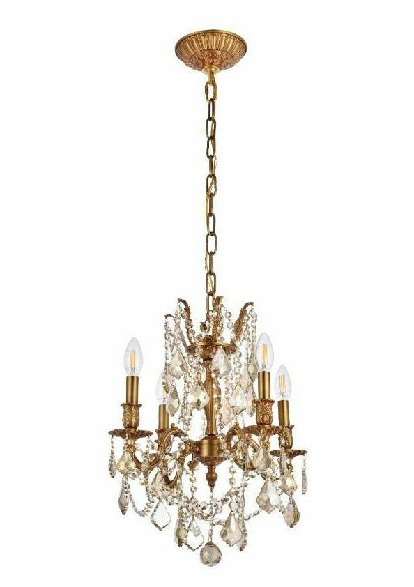 Rosalia 17 Inch French Gold Chandelier with Golden Teak Crystals: Rosalia 17 Inch French Gold Chandelier with Golden Teak Crystals Illuminate your space with this stunning 17-inch French Gold Chandelier, featuring a high-quality empire design adorned with golden tea