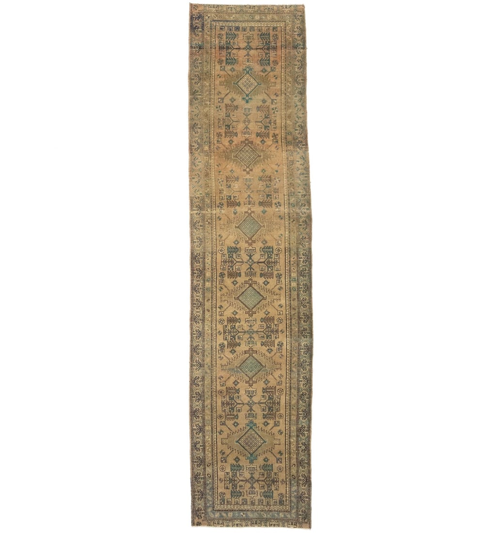 Vintage Hand-Knotted Wool Oriental Runner Rug 3'4 x 14' Tribal Design: Vintage Hand-Knotted Wool Oriental Runner Rug 3'4 x 14' Tribal Design Discover the charm of this semi-antique wool Oriental runner rug, featuring a stunning geometric tribal design. Measuring 3'4" x