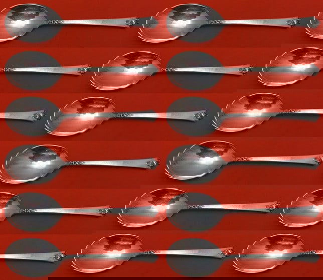 Royal Crest Castle Rose Sterling Silver Cream Soup Spoons Set of 12: Royal Crest Castle Rose Sterling Silver Cream Soup Spoons Set of 12 Discover elegance with this 12-piece set of cream soup spoons from the Castle Rose pattern by Royal Crest. Crafted from high-quality