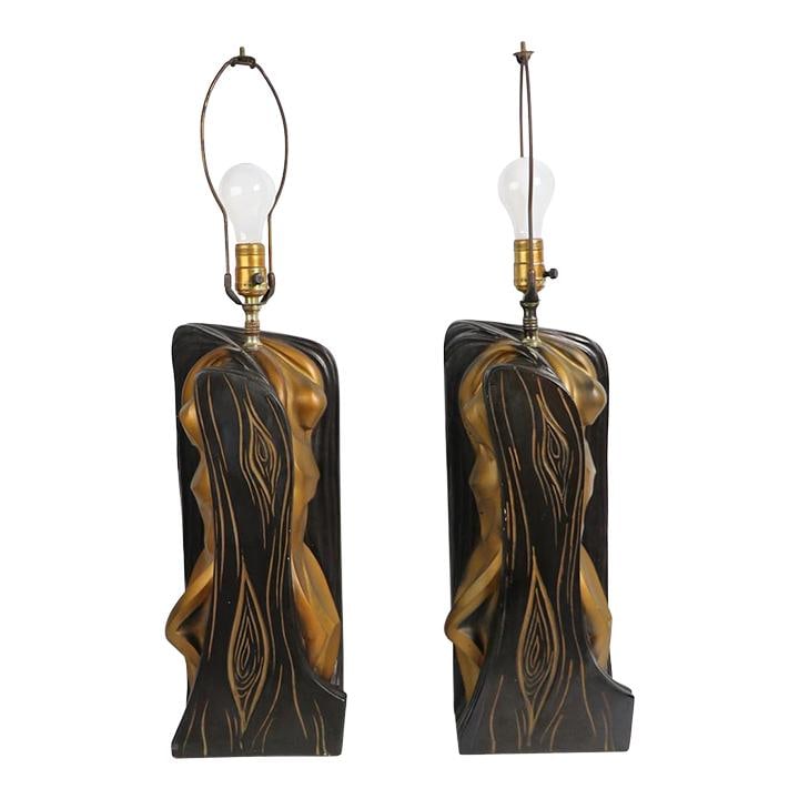 Chic FAIP Mid Century Plaster Lamps Pair Bronze Tone Fantasy Design: Chic FAIP Mid Century Plaster Lamps Pair Bronze Tone Fantasy Design This stylish pair of mid-century lamps by Fine Arts in Plaster (FAIP) features a fantasy theme with a striking design. Each lamp dep