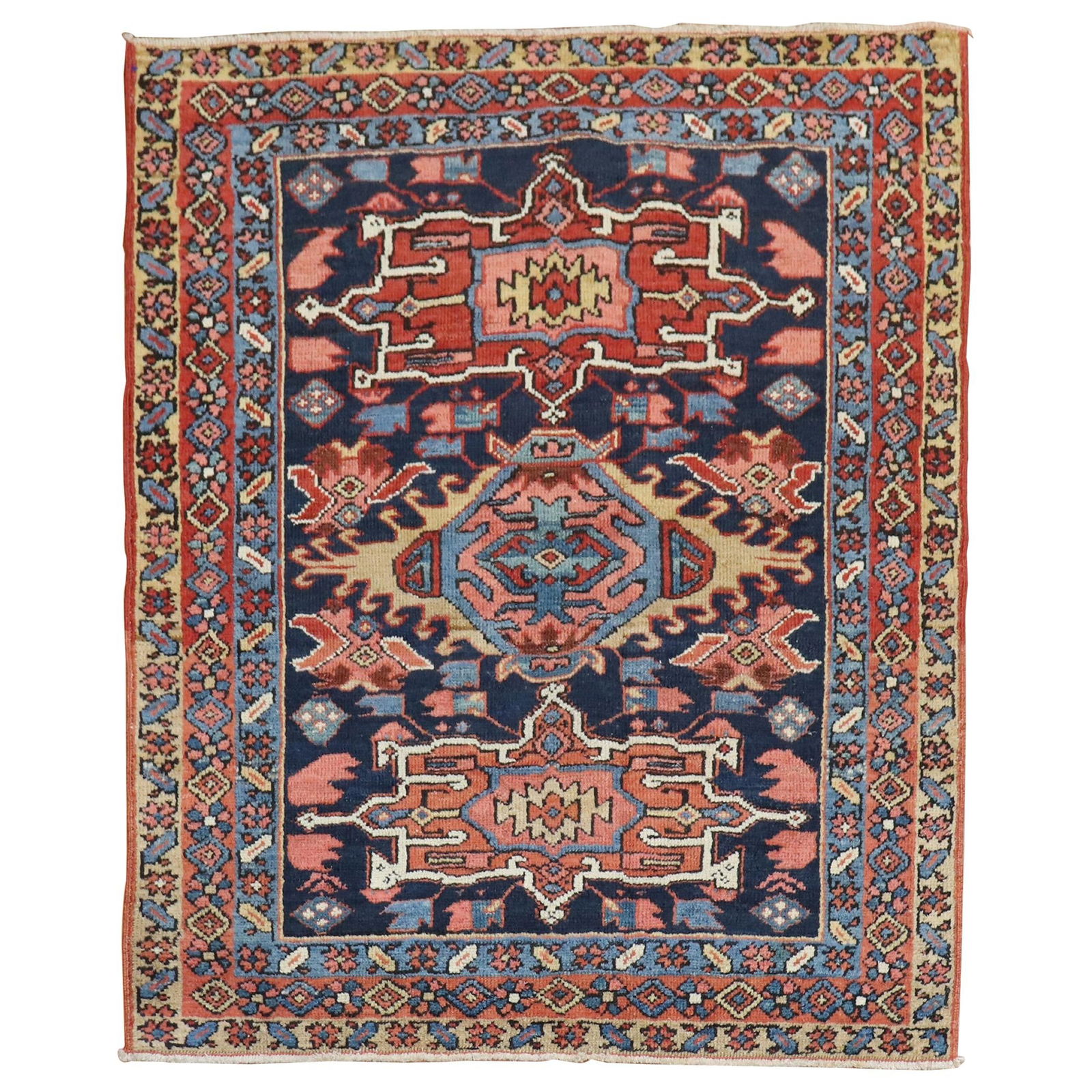 Antique Persian Heriz Rug Navy Geometric 43 x 51 Hand-Woven Wool (1 of 7)