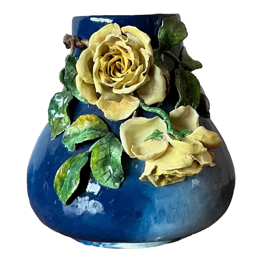 Italian Majolica Style Cobalt Blue Vase with Yellow Roses 11 Inch (1 of 7)