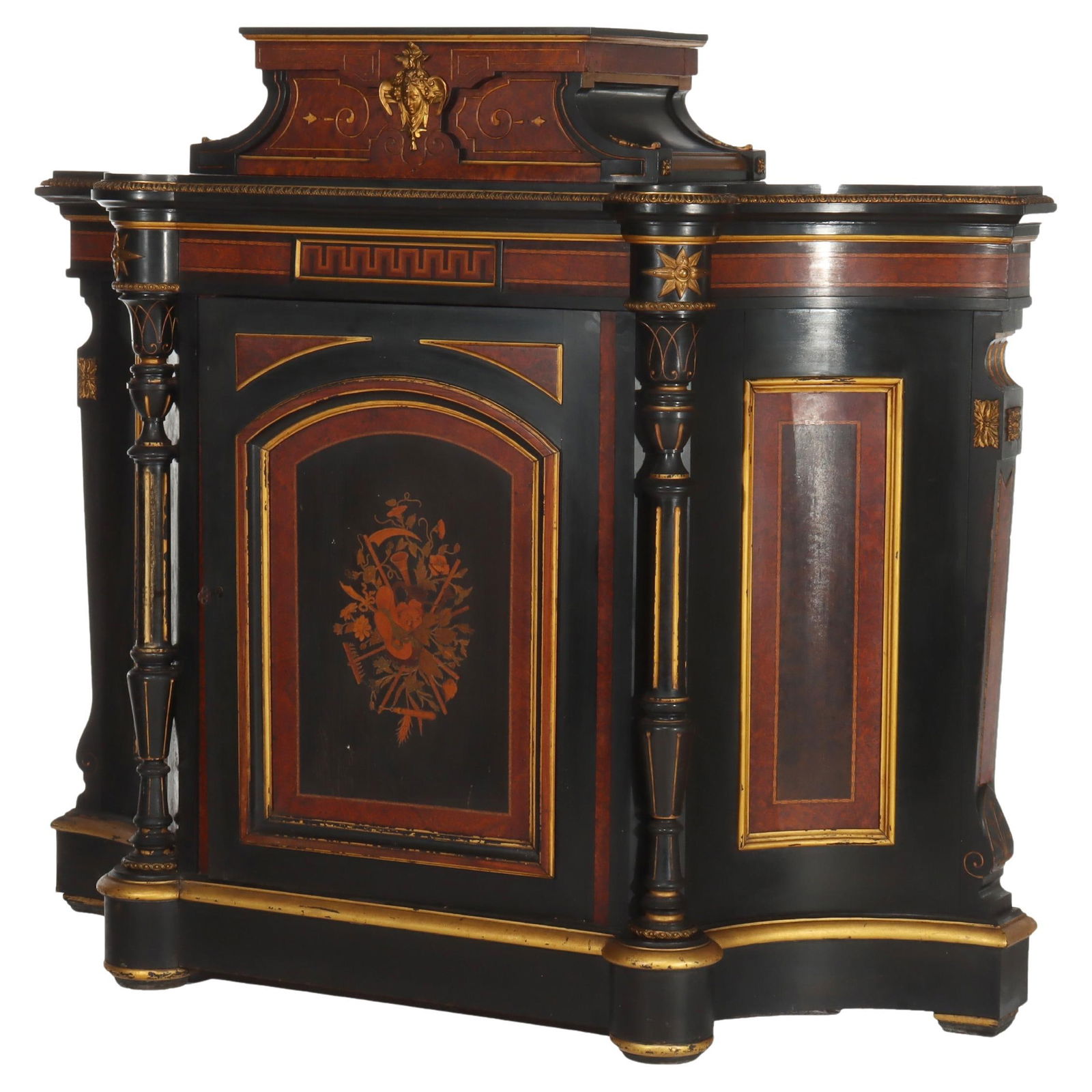 Victorian Renaissance Revival Walnut and Burl Inlaid Cabinet Circa 1870: Victorian Renaissance Revival Walnut and Burl Inlaid Cabinet Circa 1870 This antique Victorian Renaissance Revival cabinet, dating to circa 1870, exemplifies the craftsmanship of the period with its i