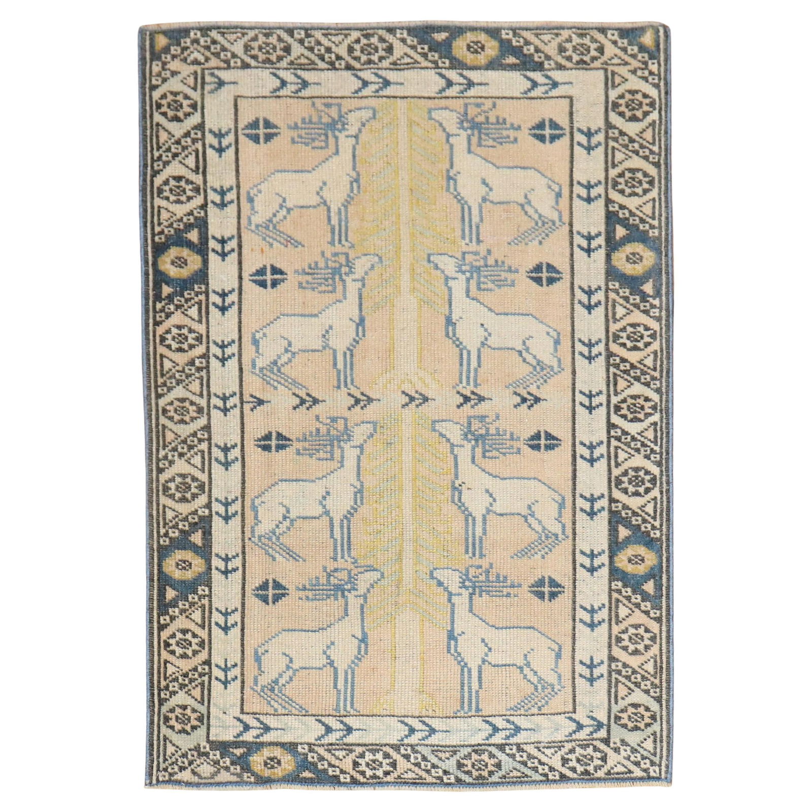 Vintage Turkish Hand-Knotted Wool Folk Art Rug with Reindeer: Vintage Turkish Hand-Knotted Wool Folk Art Rug with Reindeer This charming vintage Turkish rug features a delightful folk art design showcasing eight jolly reindeer. Hand-knotted from quality wool, th