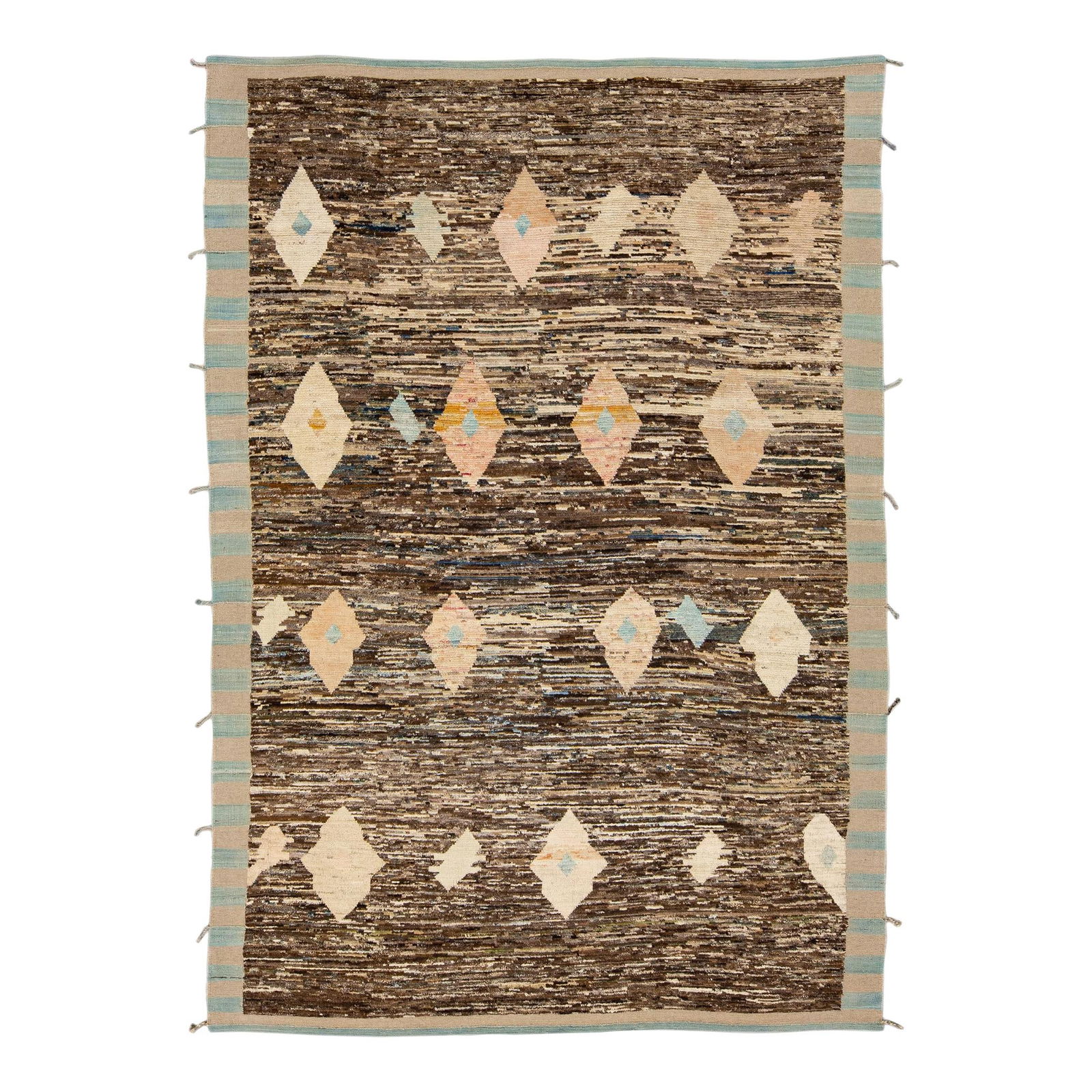 Handmade Wool Rug Modern Moroccan Style Geometric Design 9'9 x 14'1: Handmade Wool Rug Modern Moroccan Style Geometric Design 9'9 x 14'1 Enhance your living space with this stunning Moroccan style handmade wool rug. Featuring a rich brown field, this modern rug showcas