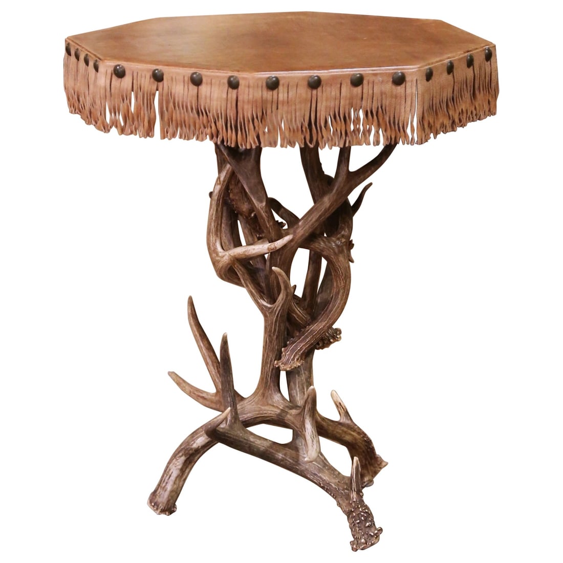 French Black Forest Antler Octagonal Side Table circa 1920 Leather Top (1 of 11)