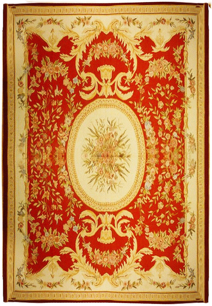 Handcrafted 9' x 12' Red Aubusson Rug with Floral Design: Handcrafted 9' x 12' Red Aubusson Rug with Floral Design Free continental US Shipping Enhance your living space with the luxurious 9 x 12 Red Aubusson Rug, a masterpiece inspired by classic French des