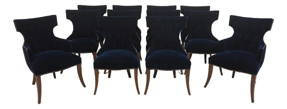 Set of 12 Blue Velvet Dining Chairs Attributed to Ralph Lauren Design: Set of 12 Blue Velvet Dining Chairs Attributed to Ralph Lauren Design This set includes 12 dining room chairs in a design attributed to Ralph Lauren or a similar manufacturer. The chairs were professi