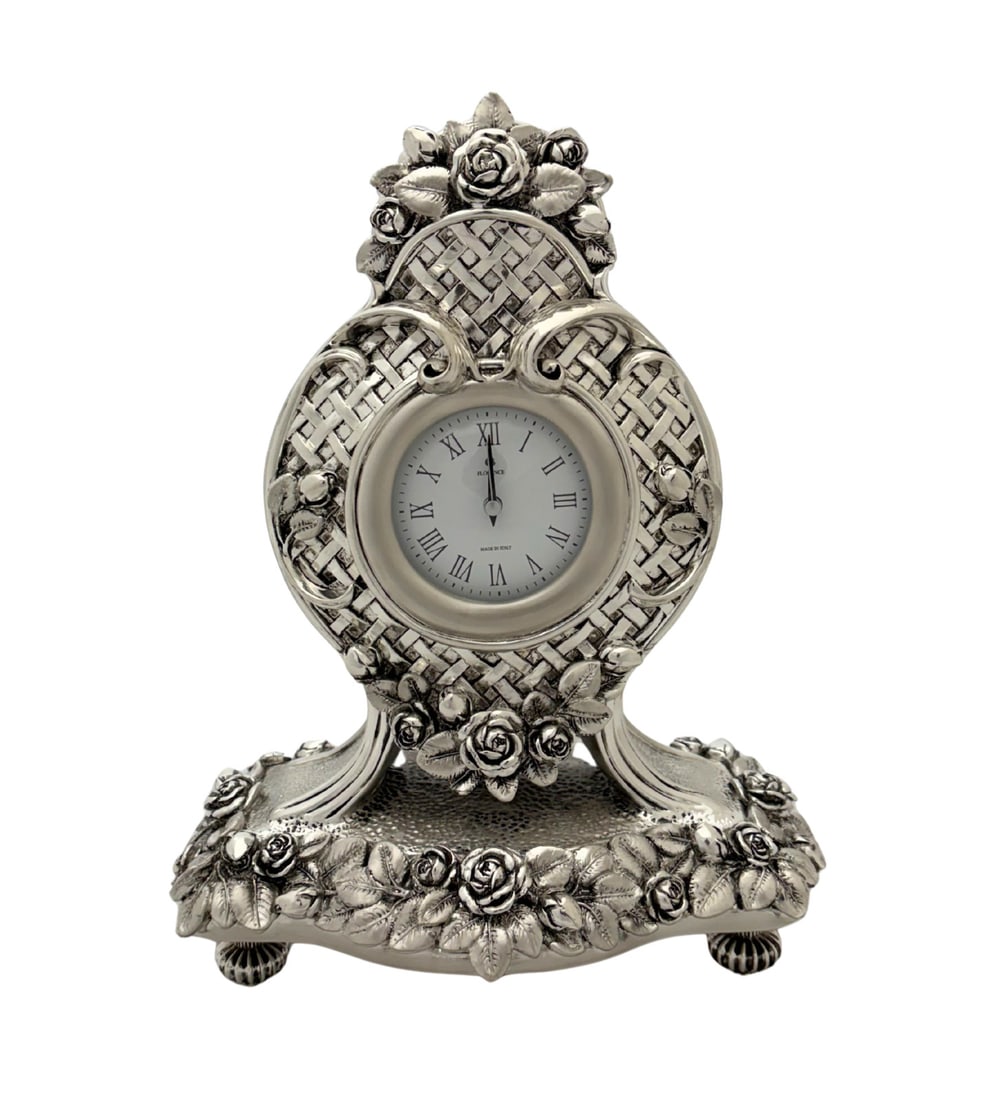 Italian Silver Plated Table Clock With Ornate Woven Floral Applique Design (1 of 4)