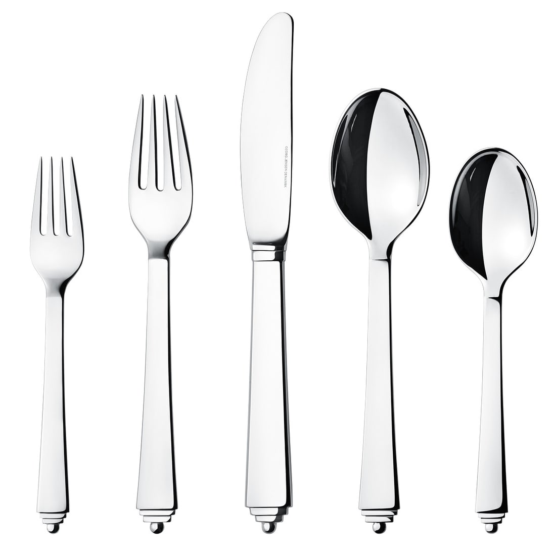 Georg Jensen Pyramid Stainless Steel Set for 12 - 60 Pieces: Georg Jensen Pyramid Stainless Steel Set for 12 - 60 Pieces Elevate your dining experience with this vintage stainless steel service set by Georg Jensen, designed in 1926. The Pyramid cutlery set feat