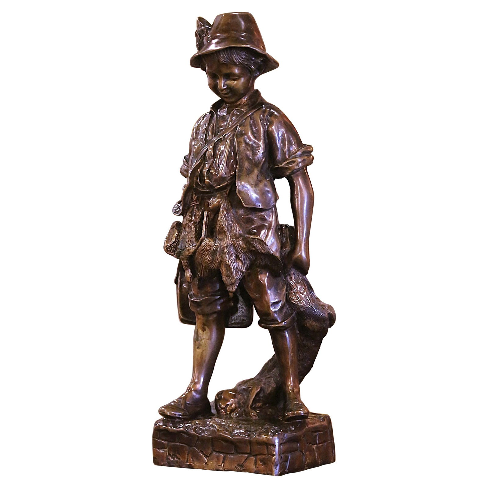 French Bronze Sculpture of Hunter Boy with Rabbit and Birds circa 1950 (1 of 13)