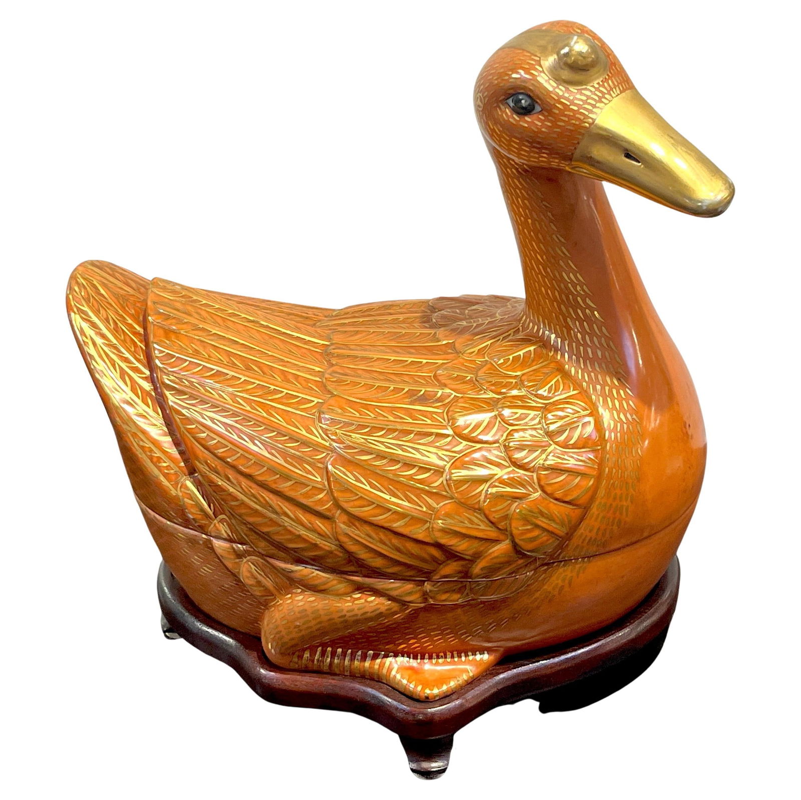 Iron Red Gilt Porcelain Duck Tureen with Carved Hardwood Stand: Iron Red Gilt Porcelain Duck Tureen with Carved Hardwood Stand This Chinese Export porcelain duck tureen and stand features a figural design with iron red and gilt decoration. Realistically modeled an