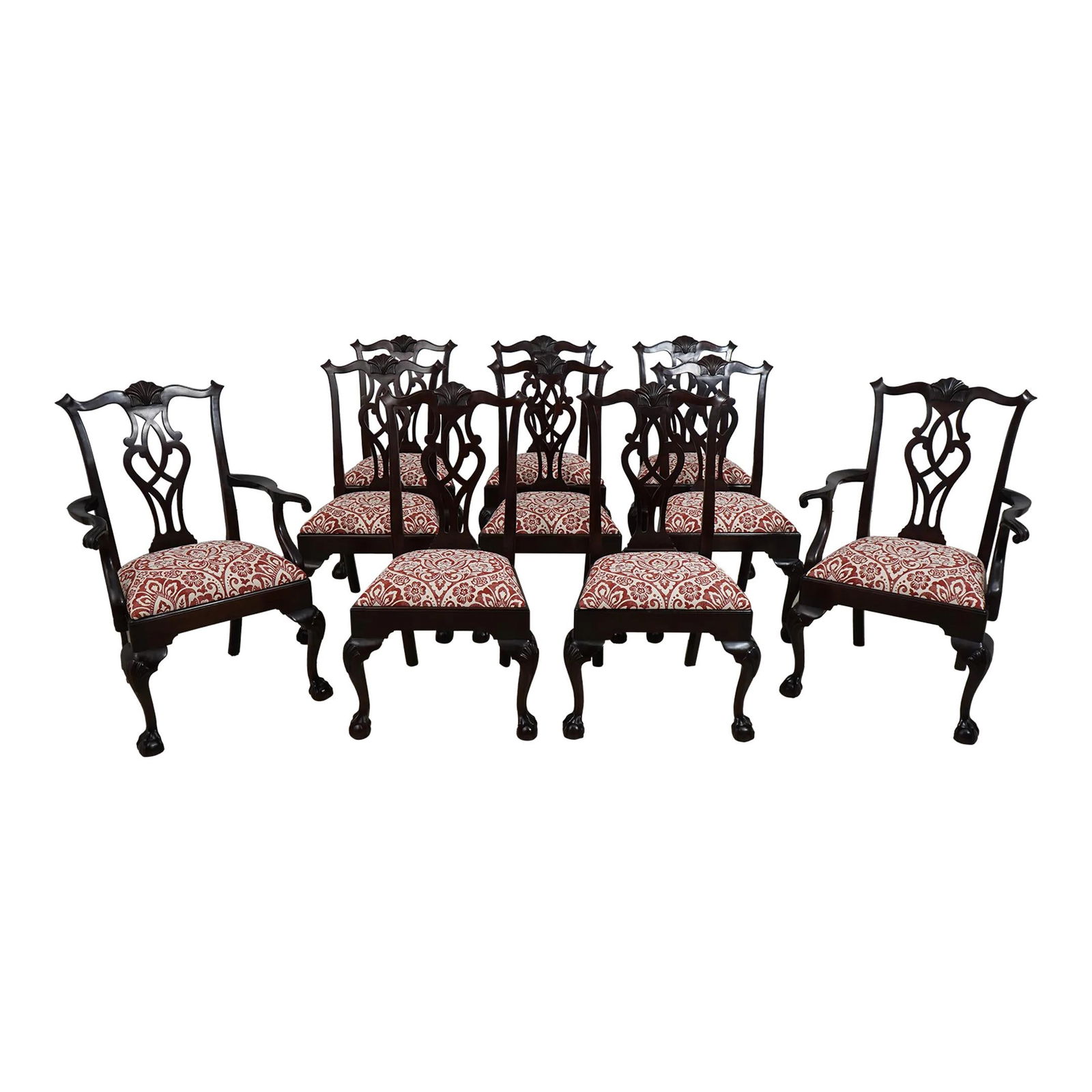 Set of 10 Stickley Chippendale Mahogany Dining Chairs with Upholstered Seats (1 of 10)