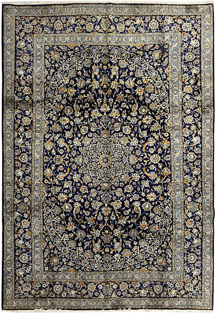 9.2 x 13 Signed Persian Kashan Rug in Blue: 9.2 x 13 Signed Persian Kashan Rug in Blue Free continental US Shipping This exquisite Persian Kashan rug features an elegant blue design and measures 9.2 x 13 feet. It is in new condition, ensuring a