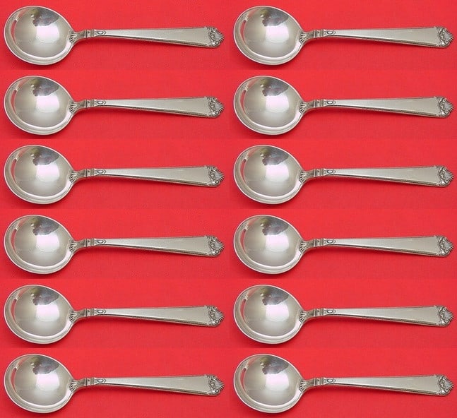 Watson George II Rex Hand Chased Sterling Silver Cream Soup Spoon Set 12 pcs: Watson George II Rex Hand Chased Sterling Silver Cream Soup Spoon Set 12 pcs This exquisite 12-piece cream soup spoon set showcases the elegant George II Rex hand-chased pattern by Watson. Crafted fro