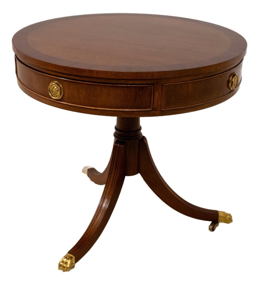 Mahogany Regency Round Drum End Table with Single Drawer and Brass Accents (1 of 10)