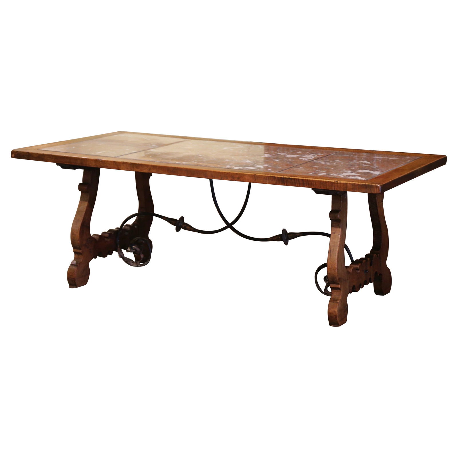 19th Century Spanish Baroque Carved Walnut Iron Dining Table with Marble Top (1 of 12)