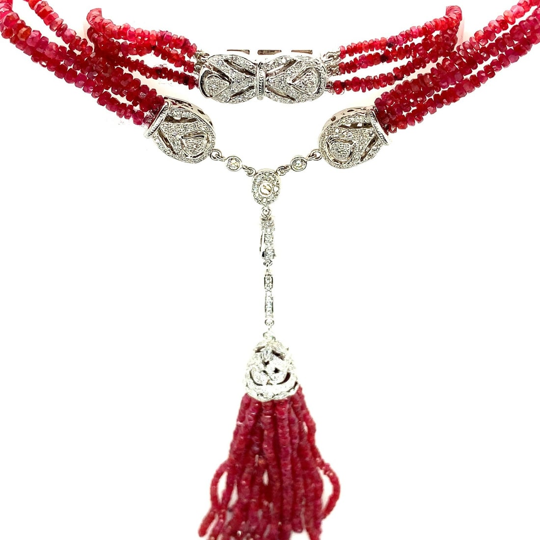 14k White Gold Multi-Strand Ruby Diamond Bead Necklace 163 Carats GIA Certified (1 of 12)