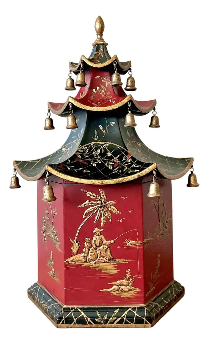 Hand-Painted Chinoiserie Pagoda Box with Bells and Gold Foliage Accents: Hand-Painted Chinoiserie Pagoda Box with Bells and Gold Foliage Accents This vintage Asian Chinoiserie pagoda box is an elegant decorative piece featuring a hand-painted design in vibrant reds, blues,