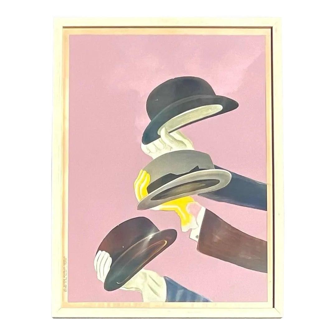 French Mossant Hat Poster Cutout Retro European Advertising Artwork: French Mossant Hat Poster Cutout Retro European Advertising Artwork This vintage French Mossant advertising poster cutout features a vibrant depiction of elegant hats held by hands in various poses ag
