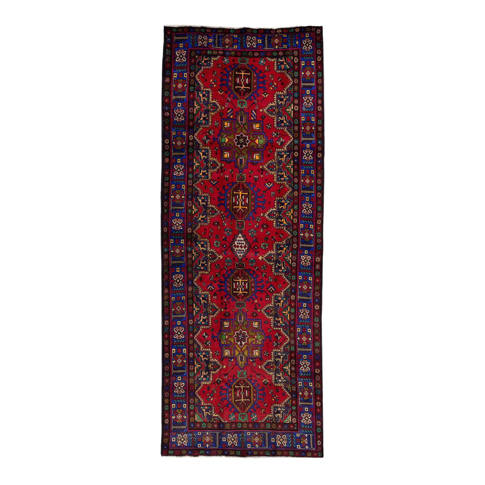 Vintage Persian Heriz Blue Wool Medallion Runner 5' x 13'2: Vintage Persian Heriz Blue Wool Medallion Runner 5' x 13'2 Discover the elegance of this stunning vintage Persian Heriz runner, meticulously hand-knotted from premium wool. Featuring a captivating blu
