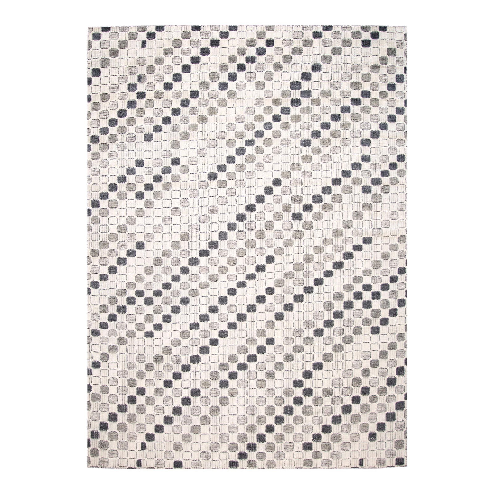 Ivory Hand-Knotted Wool Rug 10'0 x 13'9 Modern Geometric Design: Ivory Hand-Knotted Wool Rug 10'0 x 13'9 Modern Geometric Design This stunning modern high-low textured rug showcases a beautiful ivory color field, expertly hand-knotted from Indian wool. The rug feat
