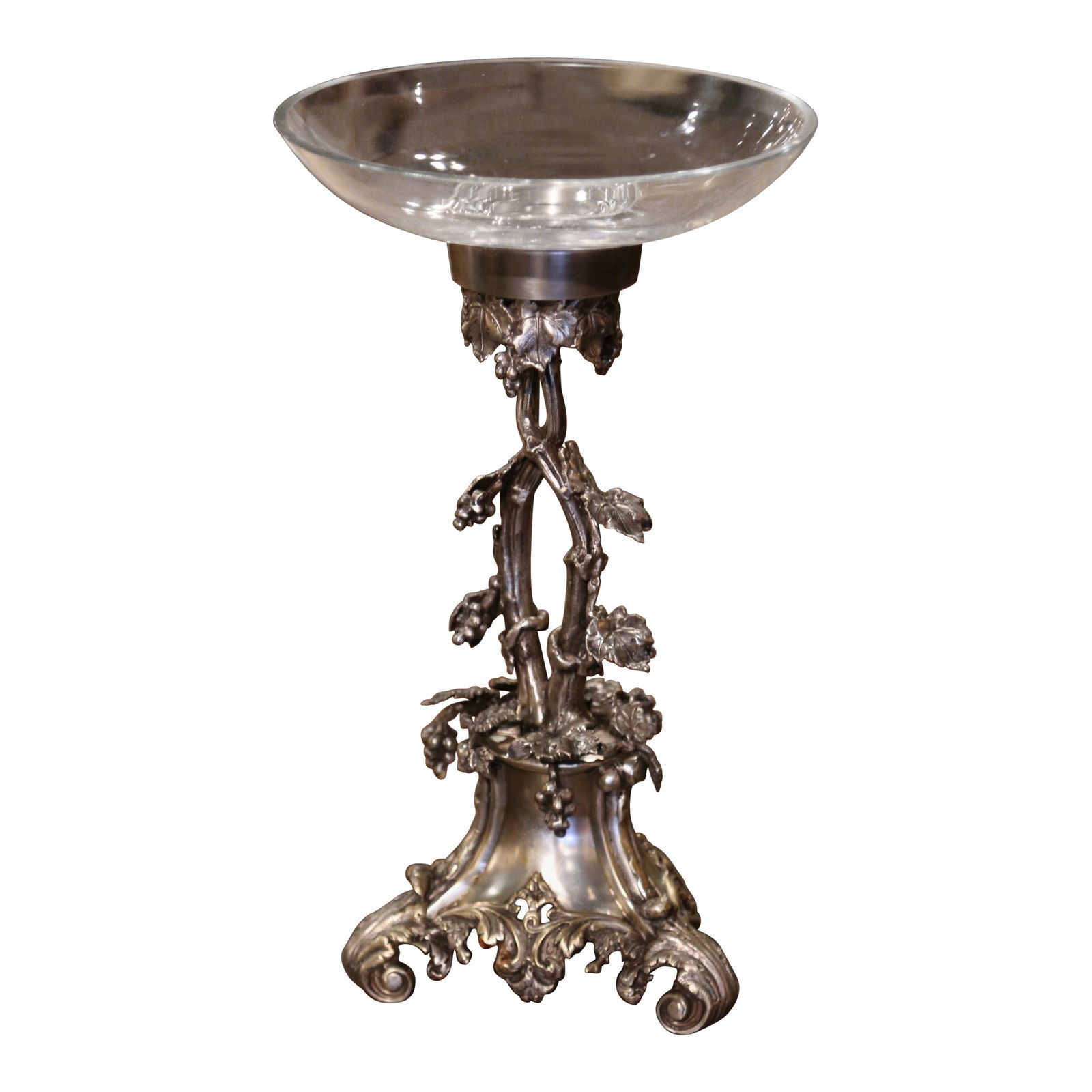 Louis XV Style French Silvered Bronze Surtout de Table Centerpiece With Glass Bowl: Louis XV Style French Silvered Bronze Surtout de Table Centerpiece With Glass Bowl This mid-century French Louis XV style centerpiece, known as a Surtout de Table, was crafted circa 1950. Made of bron