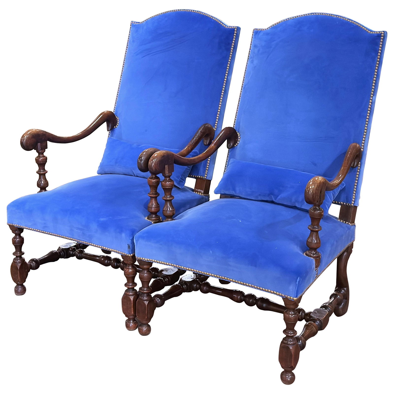 Set of Two Antique French Walnut Louis XIII Velvet High-Back Armchairs Circa 1860 (1 of 10)