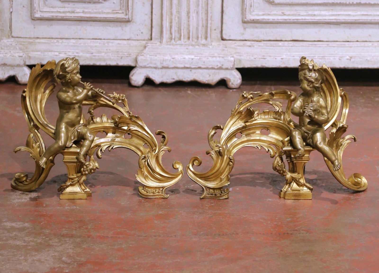 Set of Two French Louis XV Bronze Fireplace Chenets with Musical Putti Figures (1 of 11)
