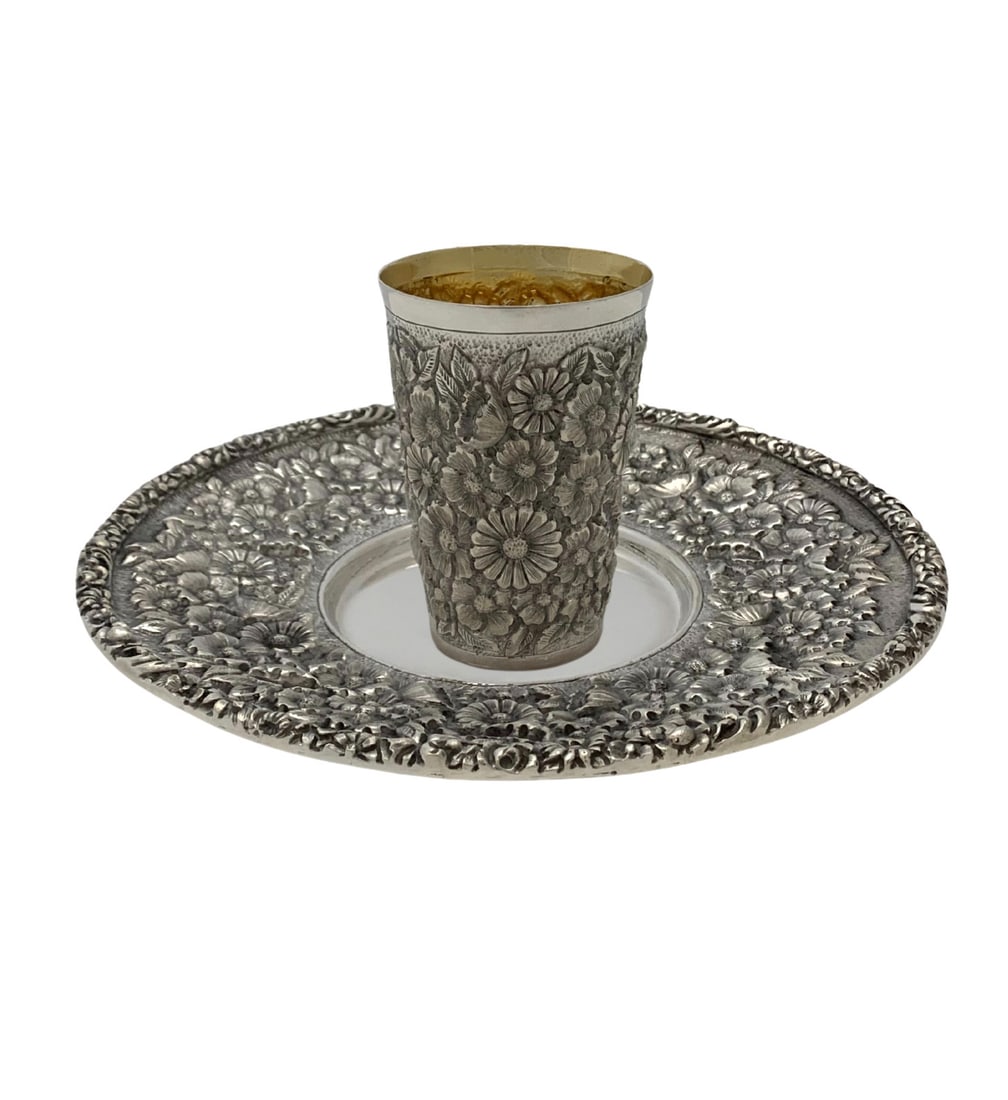 Handmade Italian 925 Sterling Silver Floral Cup & Tray Set (1 of 4)