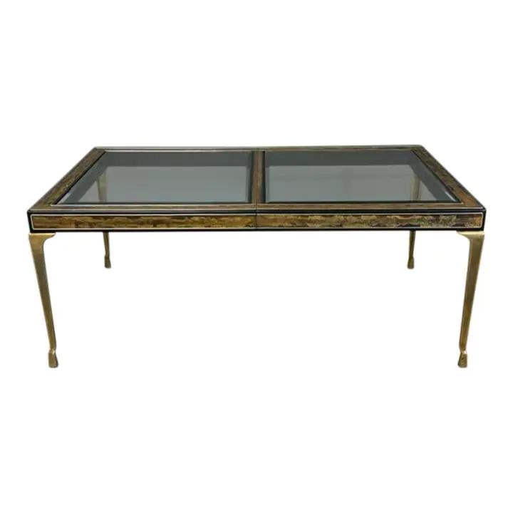 1970s Bernhard Rohne Mastercraft Acid Etched Brass Table: 1970s Bernhard Rohne Mastercraft Acid Etched Brass Table Introducing a stunning Hollywood Regency style dining table designed by Bernhard Rohne for Mastercraft, crafted from acid etched brass. The tab