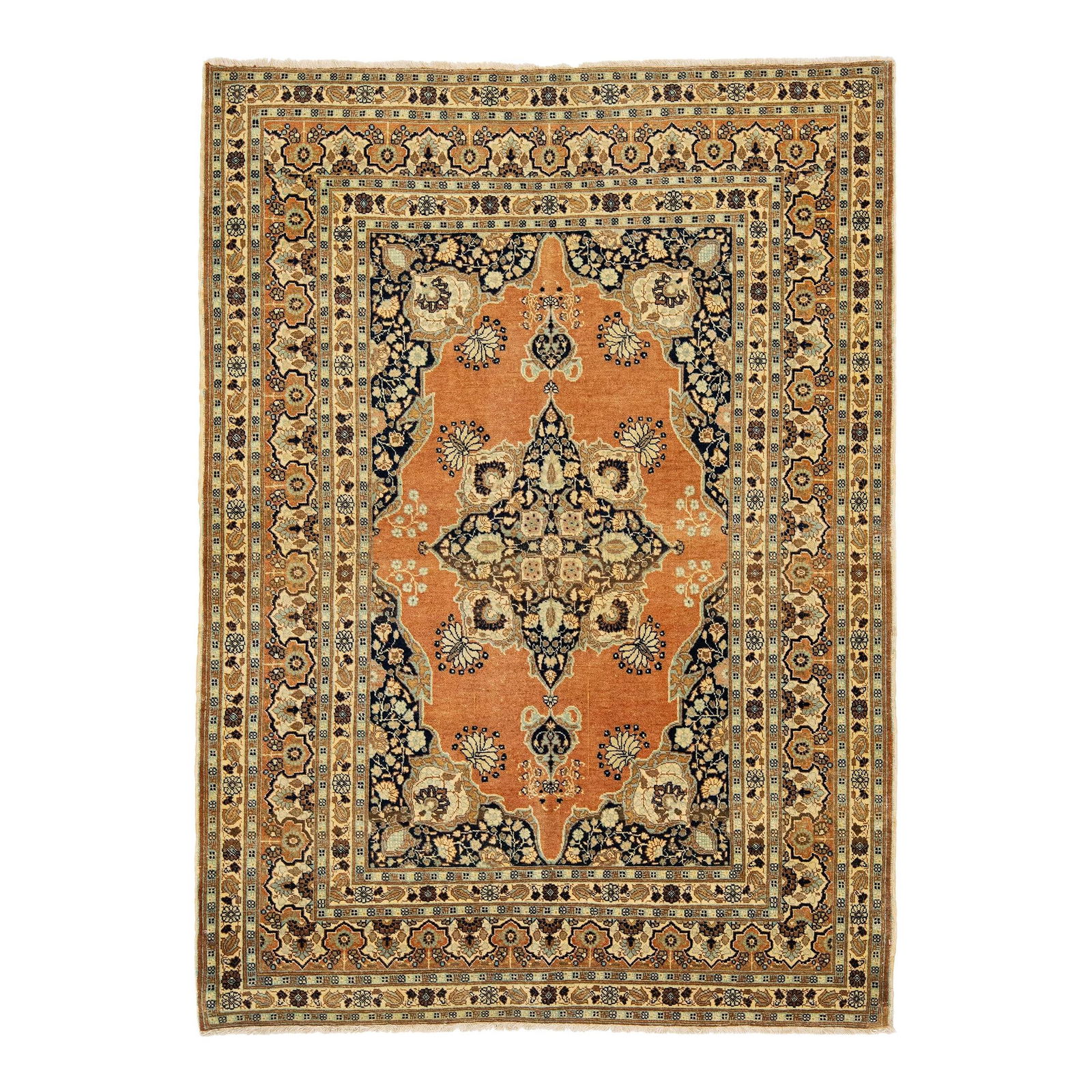 1920s Handmade Persian Tabriz Wool Rug Floral Medallion Design: 1920s Handmade Persian Tabriz Wool Rug Floral Medallion Design This stunning Persian Tabriz wool rug features a beautifully crafted traditional floral medallion design, highlighted by a striking tan a
