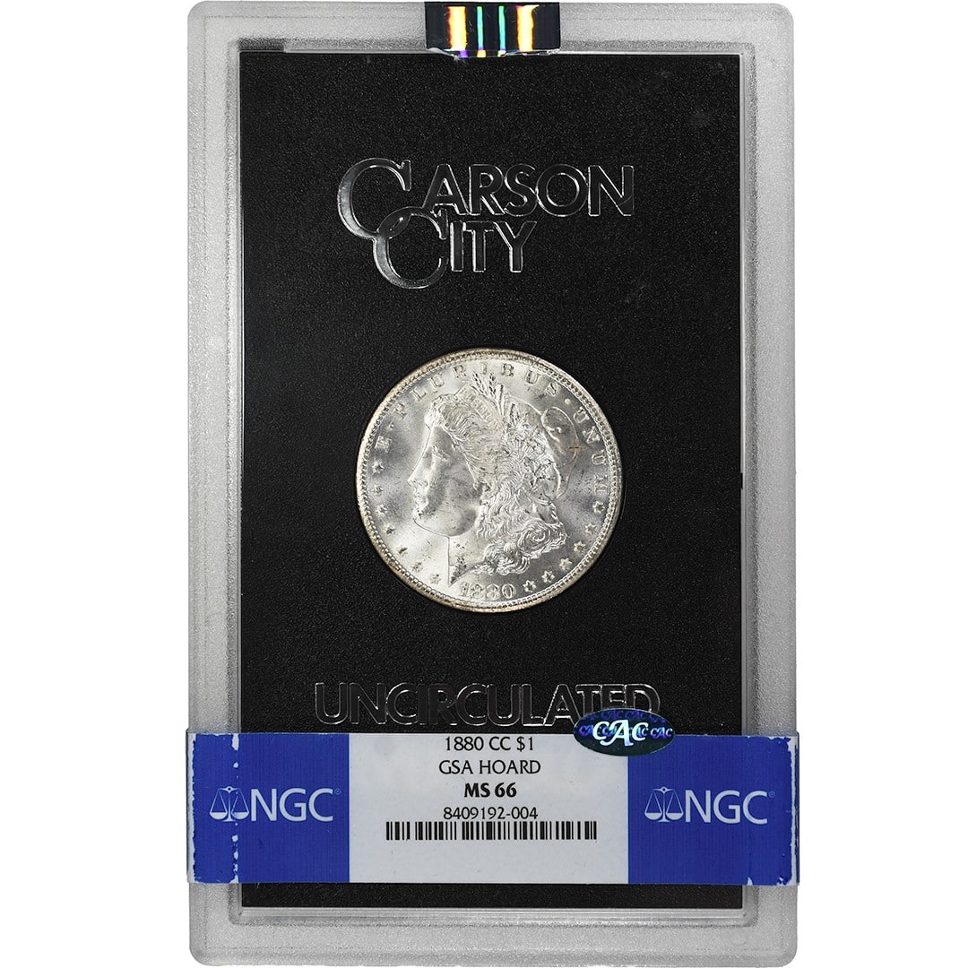 NGC CAC MS66 GSA Hoard 1880-CC Silver Morgan Dollar Rare Carson City: NGC CAC MS66 GSA Hoard 1880-CC Silver Morgan Dollar Rare Carson City This is an 1880-CC Morgan Dollar from the GSA Hoard, certified by NGC and CAC with a grade of MS66. Struck at the Carson City Mint,