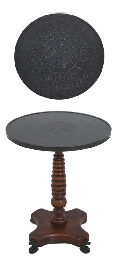 Etched Copper Top Accent Table with Claw Feet by Theodore Alexander: Etched Copper Top Accent Table with Claw Feet by Theodore Alexander This occasional table features a round etched copper top and is crafted with high-quality construction. The table stands on claw fee