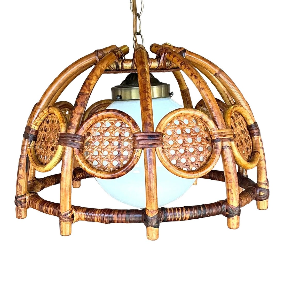 Vintage Mid 20th Century Boho Bamboo Cane Chandelier 17.25in Diameter (1 of 8)