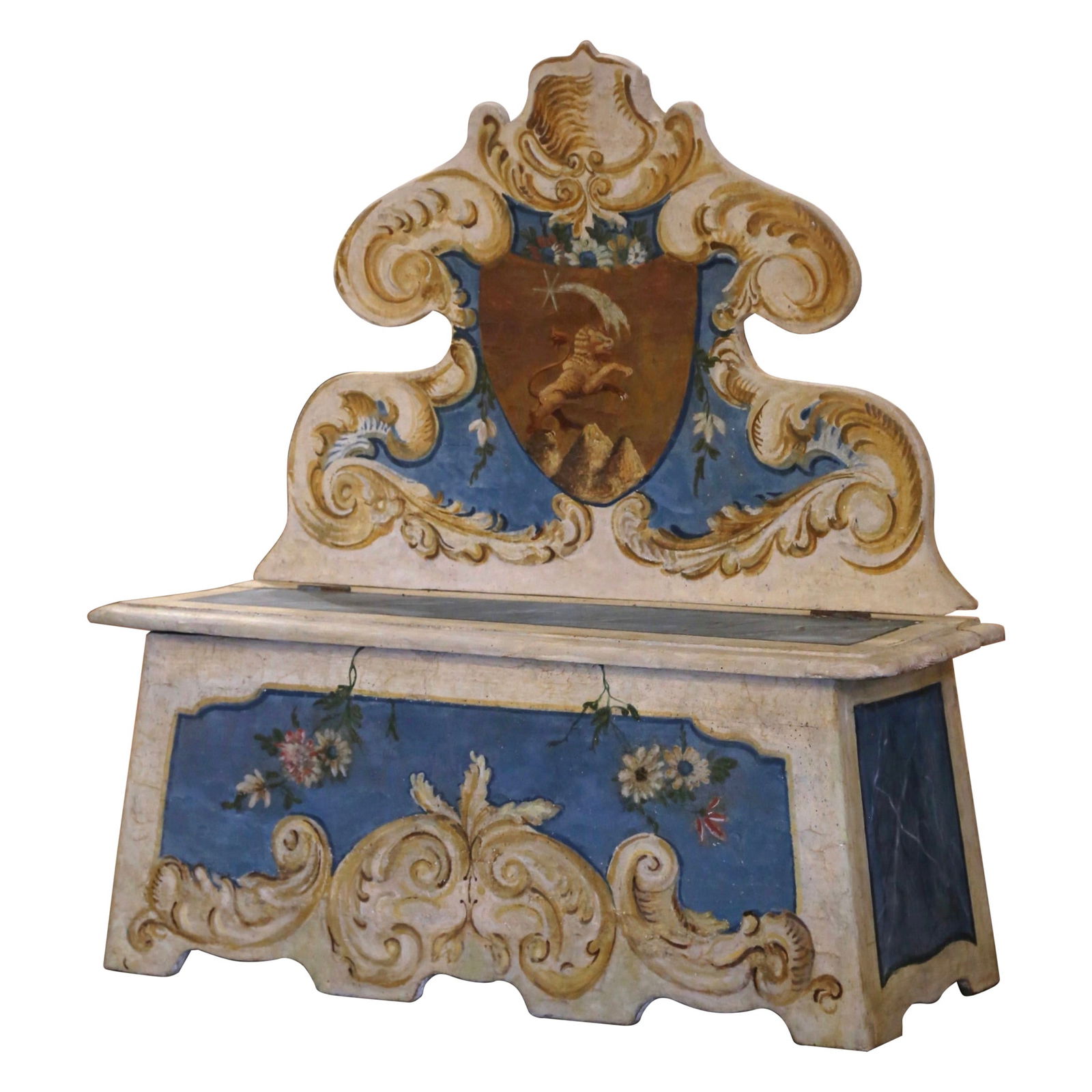 Antique Italian Cassapanca Bench Circa 1820 Hand-Painted Renaissance Style: Antique Italian Cassapanca Bench Circa 1820 Hand-Painted Renaissance Style Elevate your home decor with this stunning Early 19th Century Italian Carved and Hand-Painted Cassapanca Bench. Crafted in It