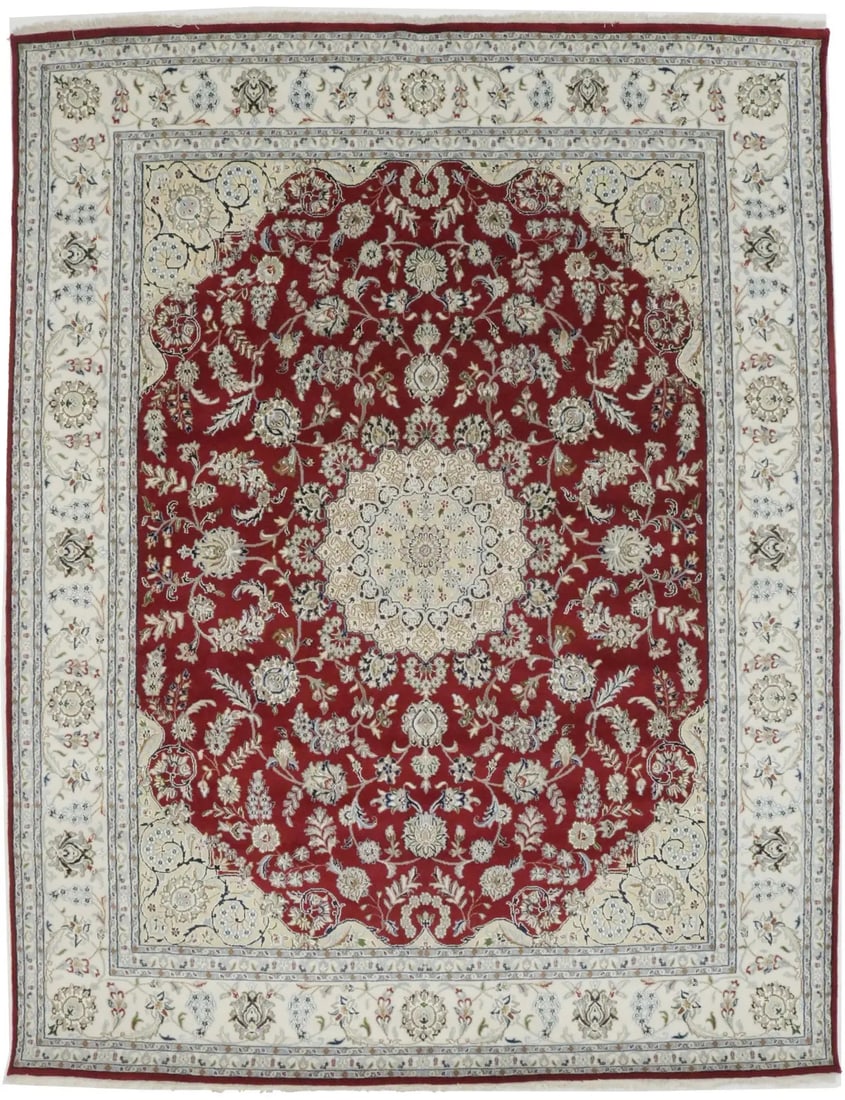 Hand-Knotted Wool and Silk Area Rug with Floral Motif 7'9 x 10' Indo-Nain: Hand-Knotted Wool and Silk Area Rug with Floral Motif 7'9 x 10' Indo-Nain This 8x10 handmade Indo-Nain Oriental rug features a classic floral pattern in rich hues of red, cream, dark navy, light blue,